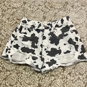 Women’s Black & White Cow Print Size Med Cut Off Jean Shorts By POL Distressed